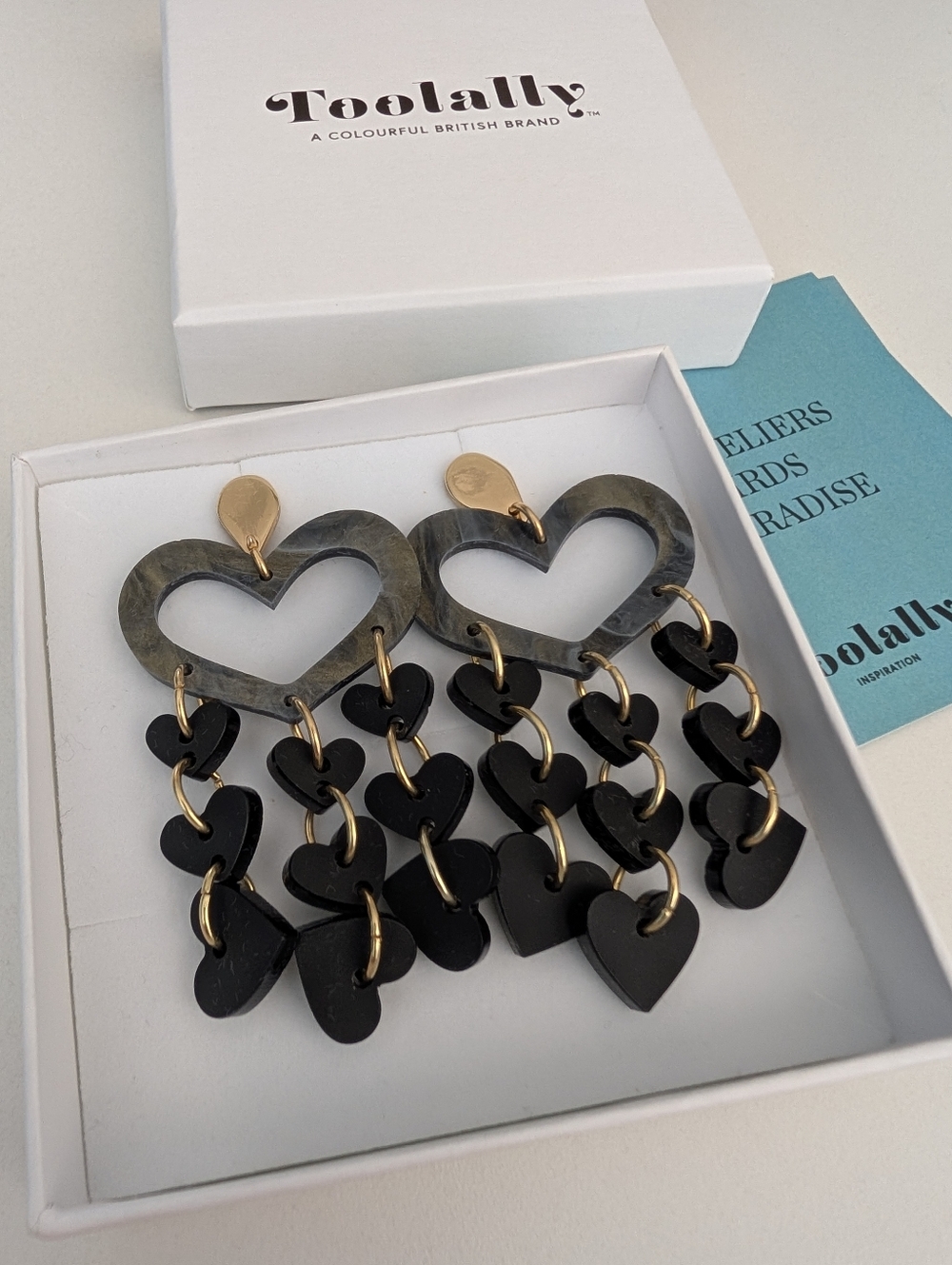 TOOLALLY Heart Chandeliers - Black Swirl Earrings Brand New In Box NIB